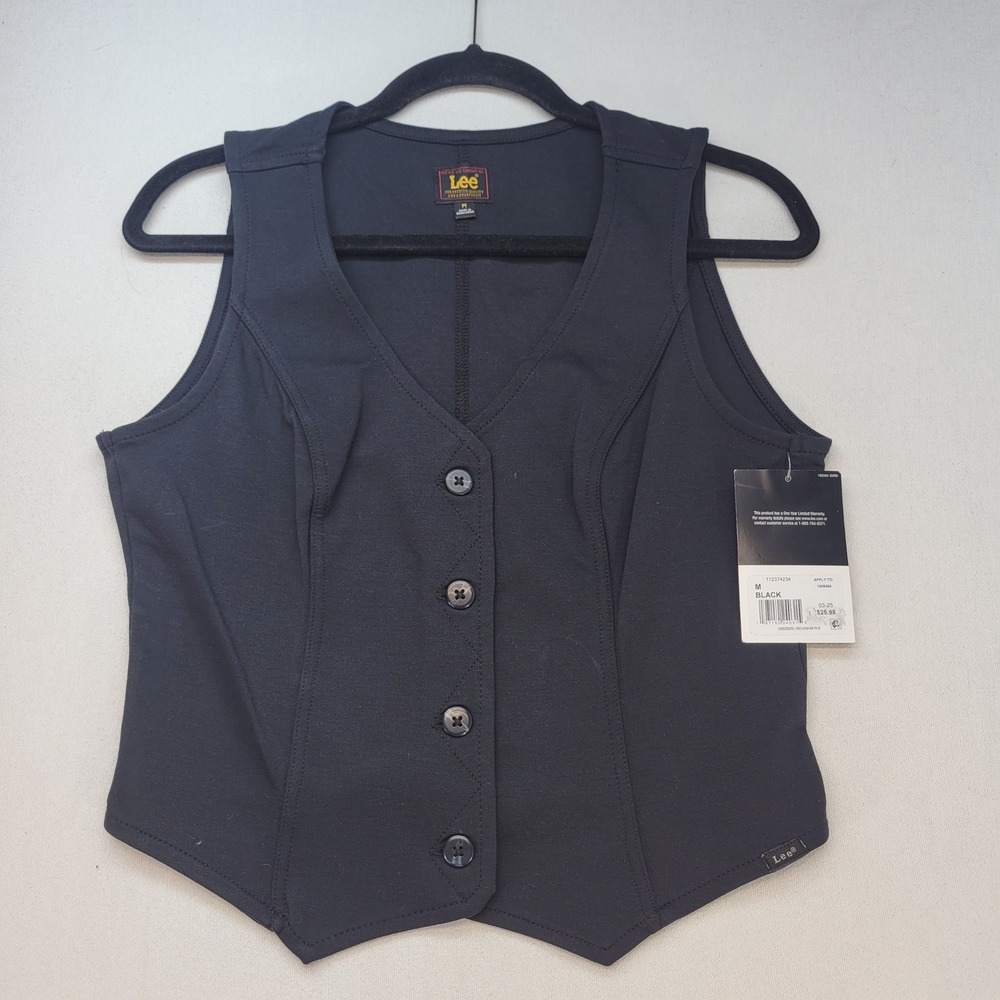 Lee Vest Women Medium Black Classic Tailored Button Front V-Neck Ponte Waistcoat
